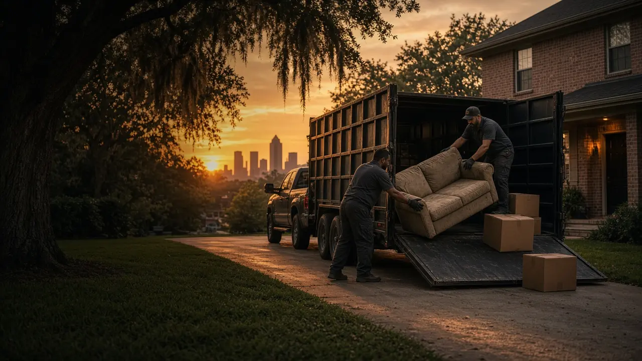 Haul N Go crew loading a couch into a dump trailer at a Houston home at sunset