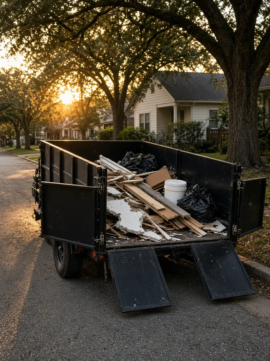 Loaded dump trailer full of debris parked on a Houston residential street